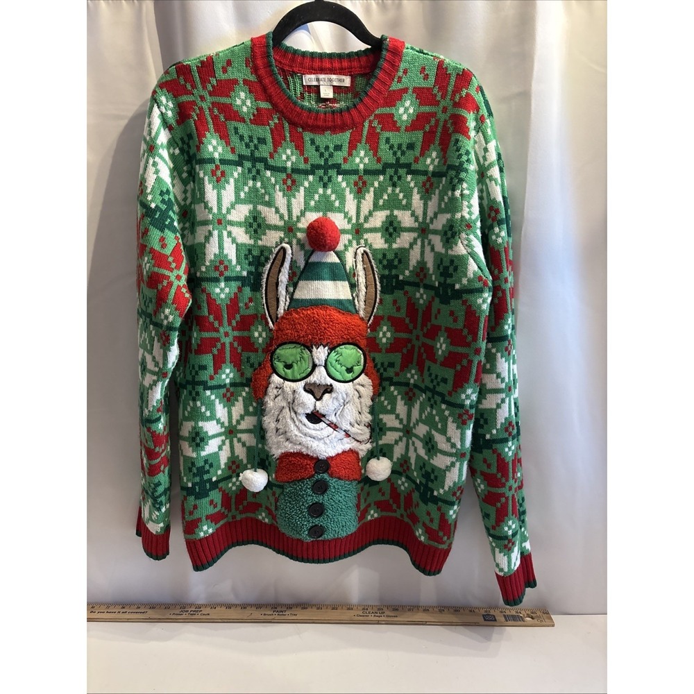 Celebrate Together Unisex Christmas Llama Green Sweater L Holiday‎ Festival